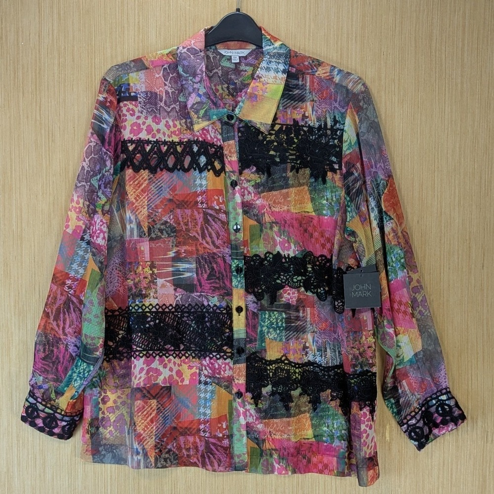 John Mark Maximalism Artsy Patchwork Lace Button Down Top Size 0X Colorful Sheer